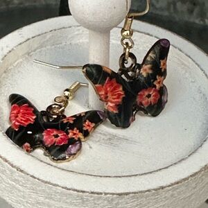 Black and Red floral dangle butterfly earrings